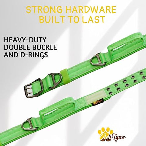 ADITYNA - Heavy-Duty Dog Collar with Handle - Reflective Green Dog Collar for Large Dogs - Wide, Thick, Tactical, Soft Padded