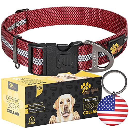 ADITYNA Reflective Dog Collar with Safety Lock Buckle - Dog Tag Engraved with USA Flag