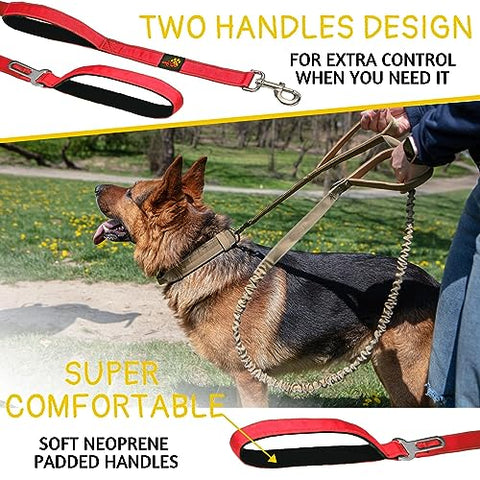 Heavy Duty Bungee Dog Leash 6 ft - 7.5 ft for Large and Medium Dogs | No Pull, Reflective, Tactical Dog Leash | Soft Neoprene Padded Double Handle (Red)