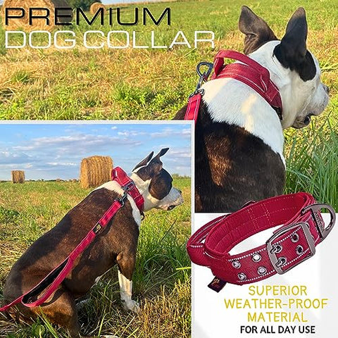 ADITYNA - Heavy-Duty Dog Collar with Handle - Reflective Burgundy Dog Collar for Large Dogs - Wide, Thick, Tactical, Soft Padded
