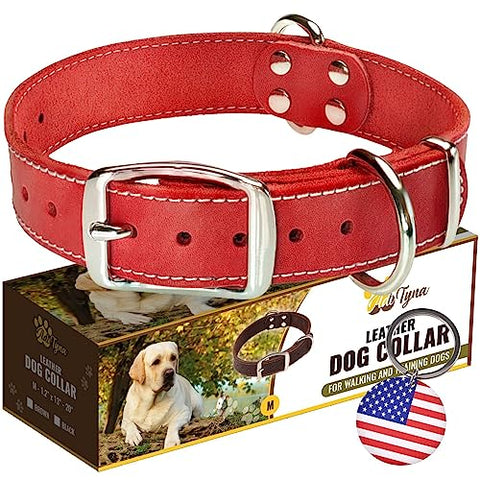 ADITYNA Heavy Duty Leather Dog Collar - Soft and Strong Red Dog Collar for Medium Dogs (Medium: Fit 13" - 20" Neck, Red)