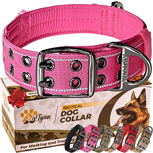 ADITYNA Heavy Duty Dog Collar with Handle - Reflective Pink Dog Collar for Large Girl Dogs - Wide, Thick, Tactical, Soft Padded - Perfect Dog Collar for Training, Walking, or Hunting