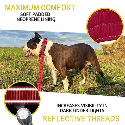 ADITYNA - Heavy-Duty Dog Collar with Handle - Reflective Burgundy Dog Collar for Large Dogs - Wide, Thick, Tactical, Soft Padded