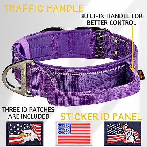 ADITYNA - Heavy-Duty Dog Collar with Handle - Reflective Purple Dog Collar for Large Dogs - Wide, Thick, Tactical, Soft Padded (Large: Fit 18-23" Neck, Purple)