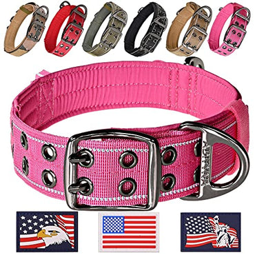 ADITYNA Heavy Duty Dog Collar with Handle - Reflective Pink Dog Collar for Large Girl Dogs - Wide, Thick, Tactical, Soft Padded - Perfect Dog Collar for Training, Walking, or Hunting