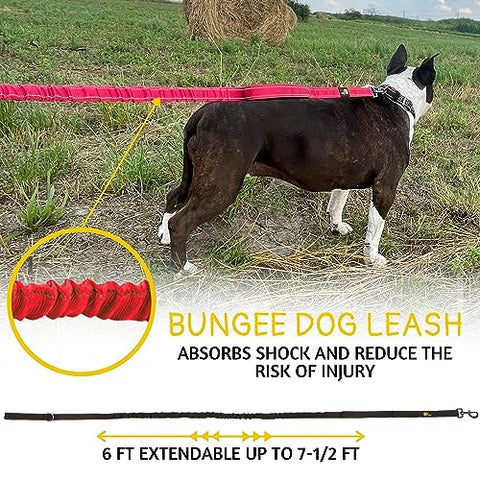 Heavy Duty Bungee Dog Leash 6 ft - 7.5 ft for Large and Medium Dogs | No Pull, Reflective, Tactical Dog Leash | Soft Neoprene Padded Double Handle (Red)