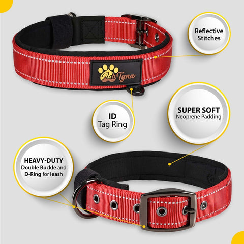 Dog Collar for Large Dogs - Heavy Duty Red Dog Collar for Girls and Boys - Reflective Threads and Soft Padding