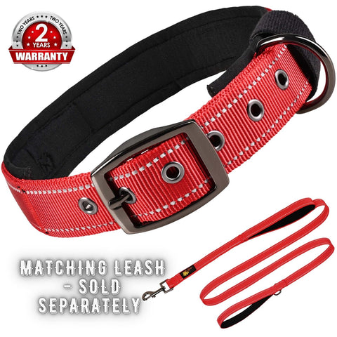 Dog Collar for Large Dogs - Heavy Duty Red Dog Collar for Girls and Boys - Reflective Threads and Soft Padding