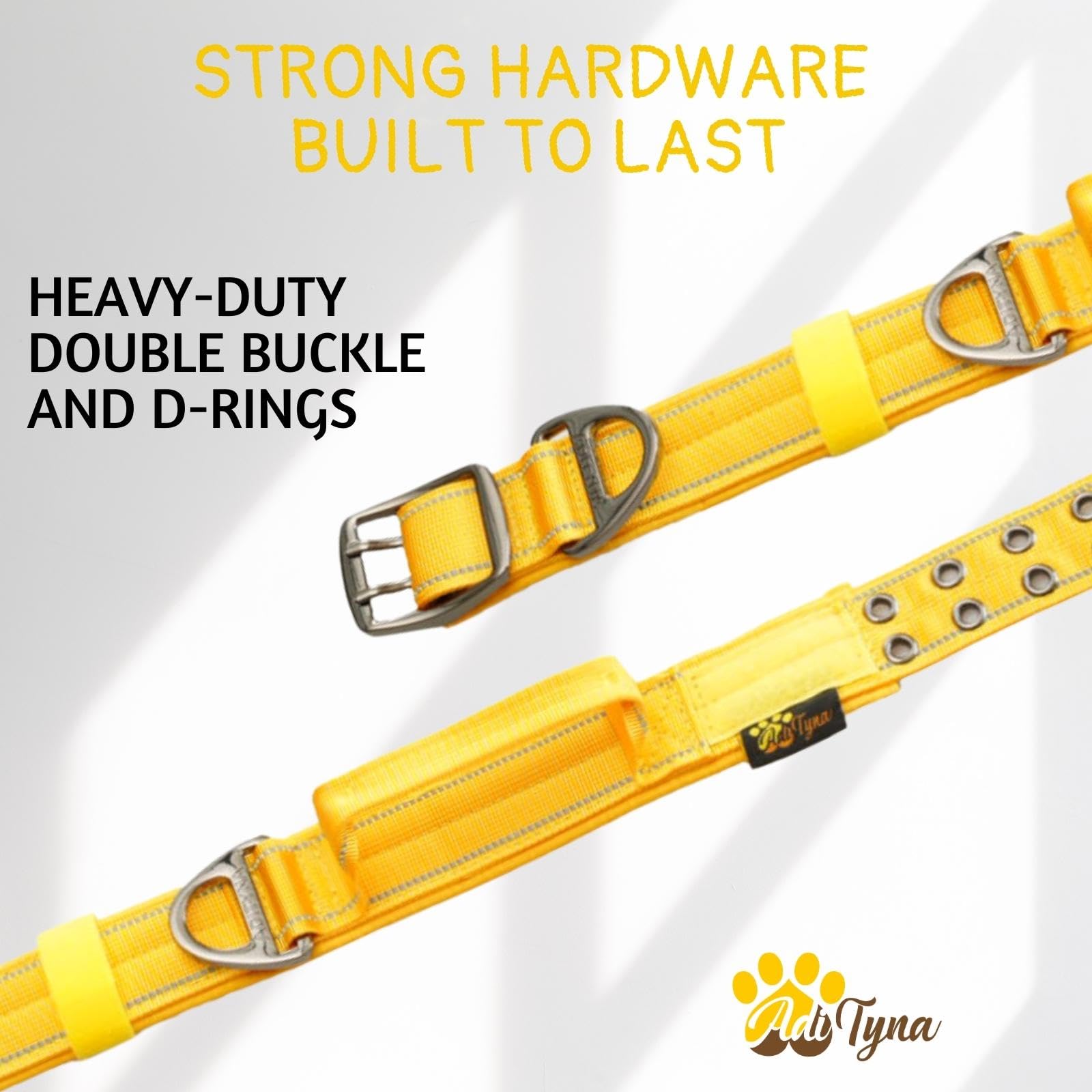ADITYNA - Heavy Duty Dog Collar for Medium Dogs - Reflective Yellow Collar with Handle for Training, and Walking - Wide, Thick, Tactical, Soft Neoprene Padded