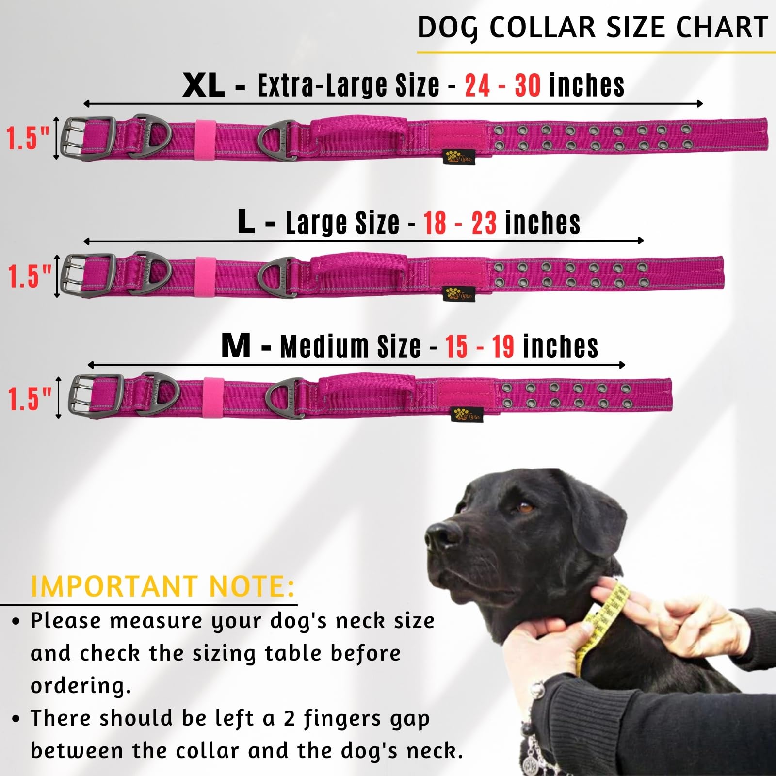 ADITYNA - Heavy Duty Dog Collar for Medium Dogs - Reflective Magenta Collar with Handle for Training, and Walking - Wide, Thick, Tactical, Soft Neoprene Padded