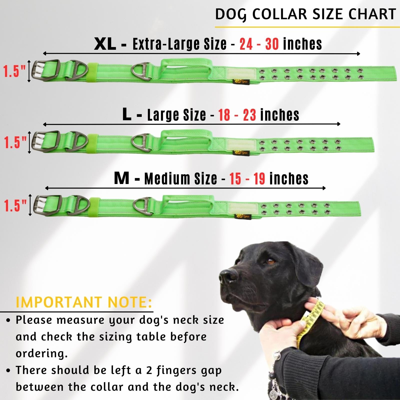 ADITYNA - Heavy Duty Dog Collar for Medium Dogs - Reflective Green Collar with Handle for Training, and Walking - Wide, Thick, Tactical, Soft Neoprene Padded