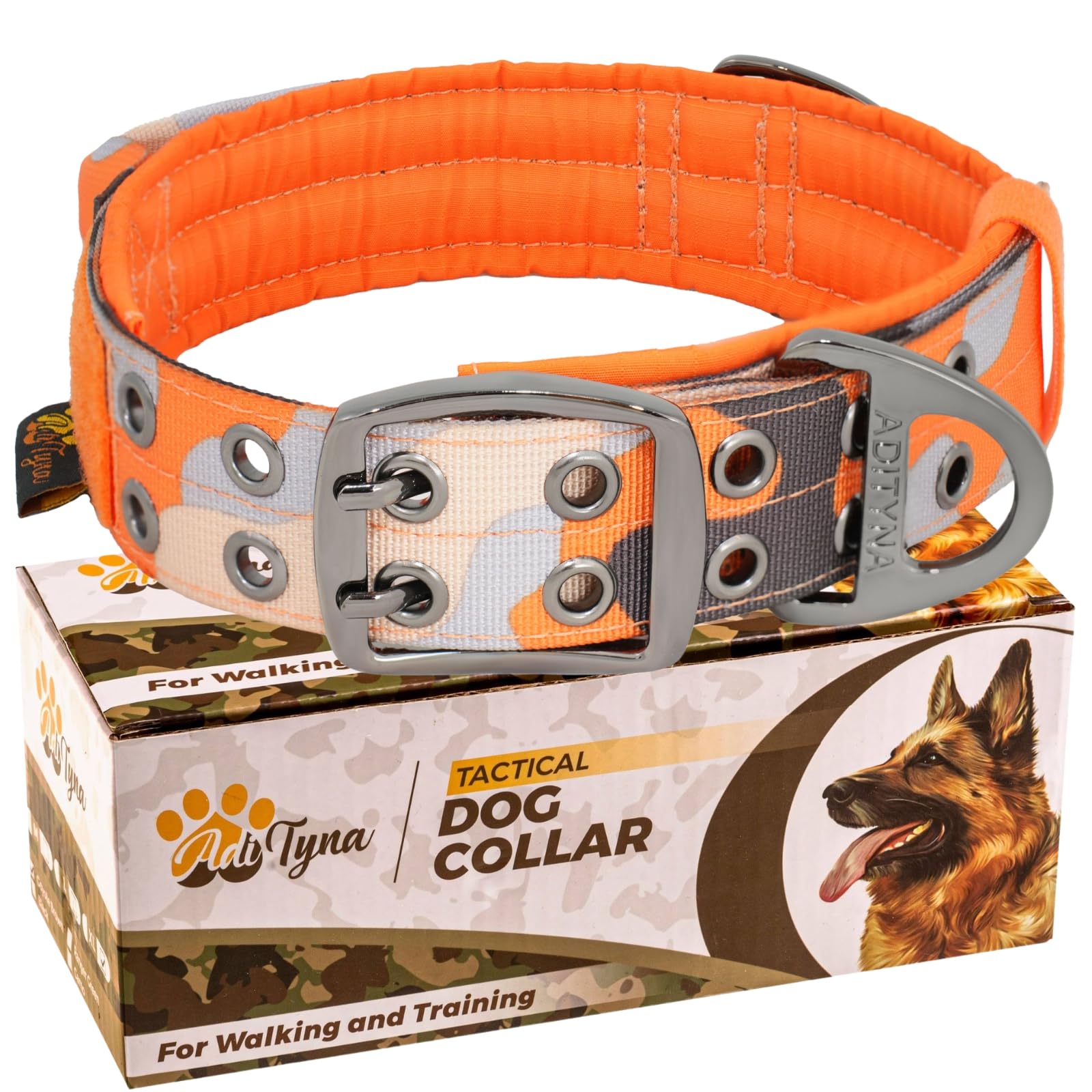 ADITYNA - Heavy Duty Dog Collar for Medium Dogs - Camo Orange Collar with Handle for Training, and Walking - Wide, Thick, Tactical, Soft Neoprene Padded