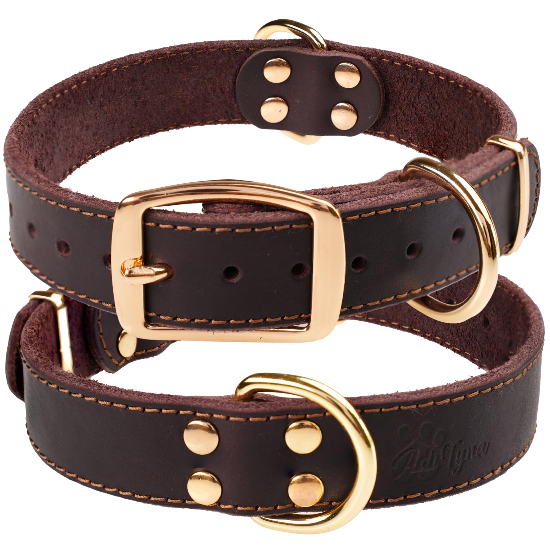 ADITYNA Heavy Duty Leather Dog Collar for Medium Dogs - Soft and Strong Collar for Walking, and Training (Medium: Fit 13" - 20" Neck, Brown - Gold Colored Buckle)