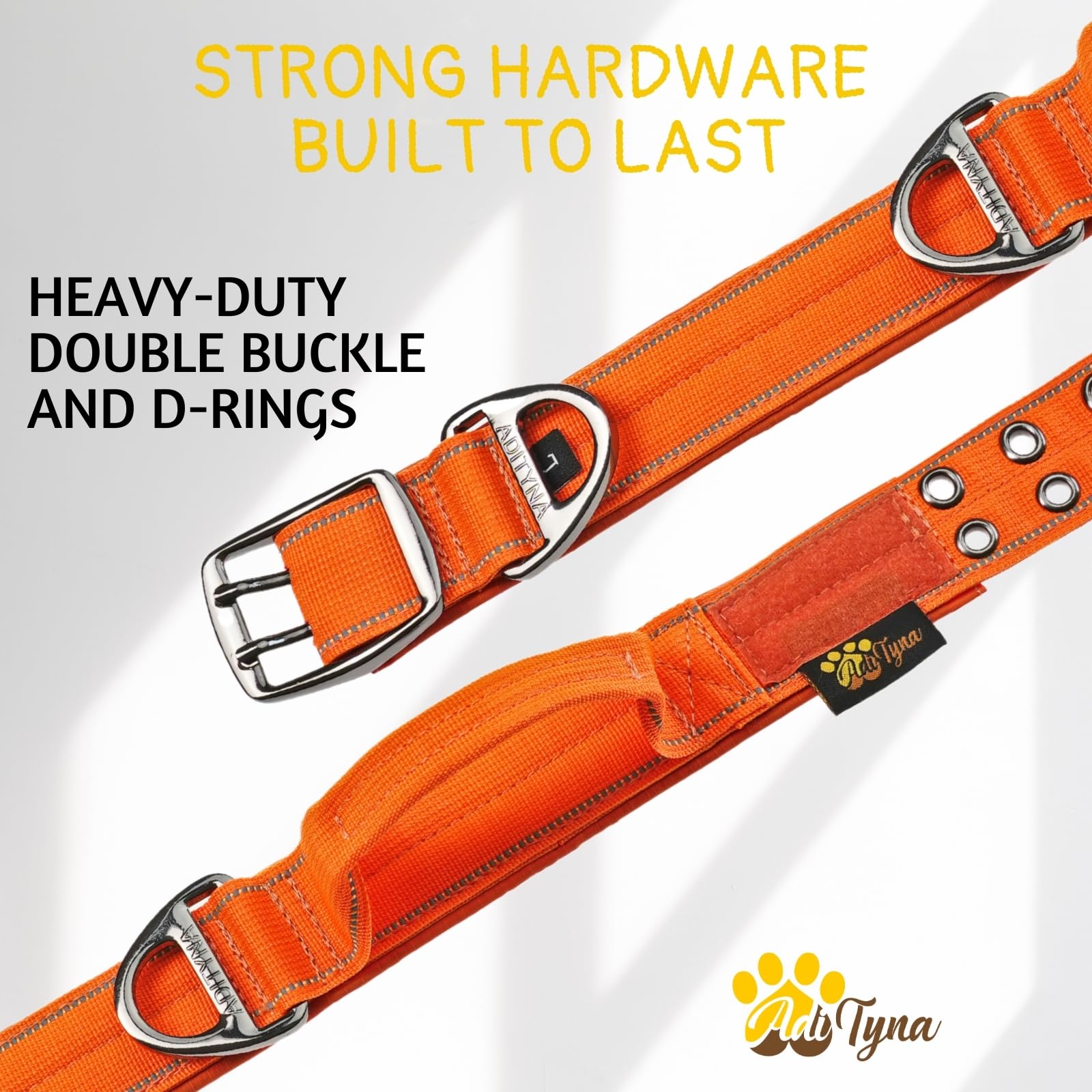 ADITYNA - Heavy Duty Dog Collar for Medium Dogs - Reflective Orange Collar with Handle for Training, and Walking - Wide, Thick, Tactical, Soft Neoprene Padded