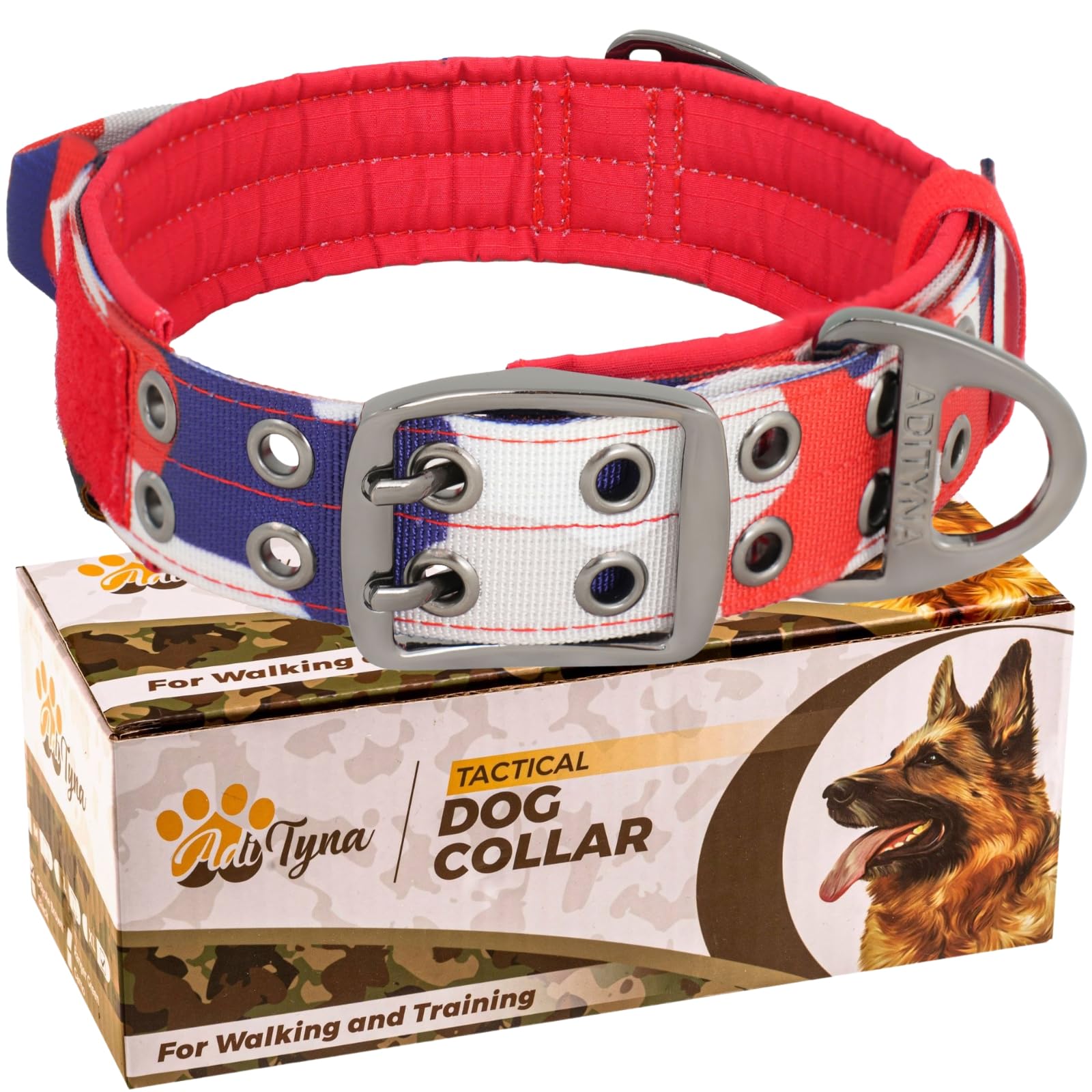 ADITYNA - Heavy Duty Dog Collar for Extra-Large Dogs - Camo Red Blue Collar with Handle for Training, and Walking - Wide, Tactical, Soft Neoprene Padded
