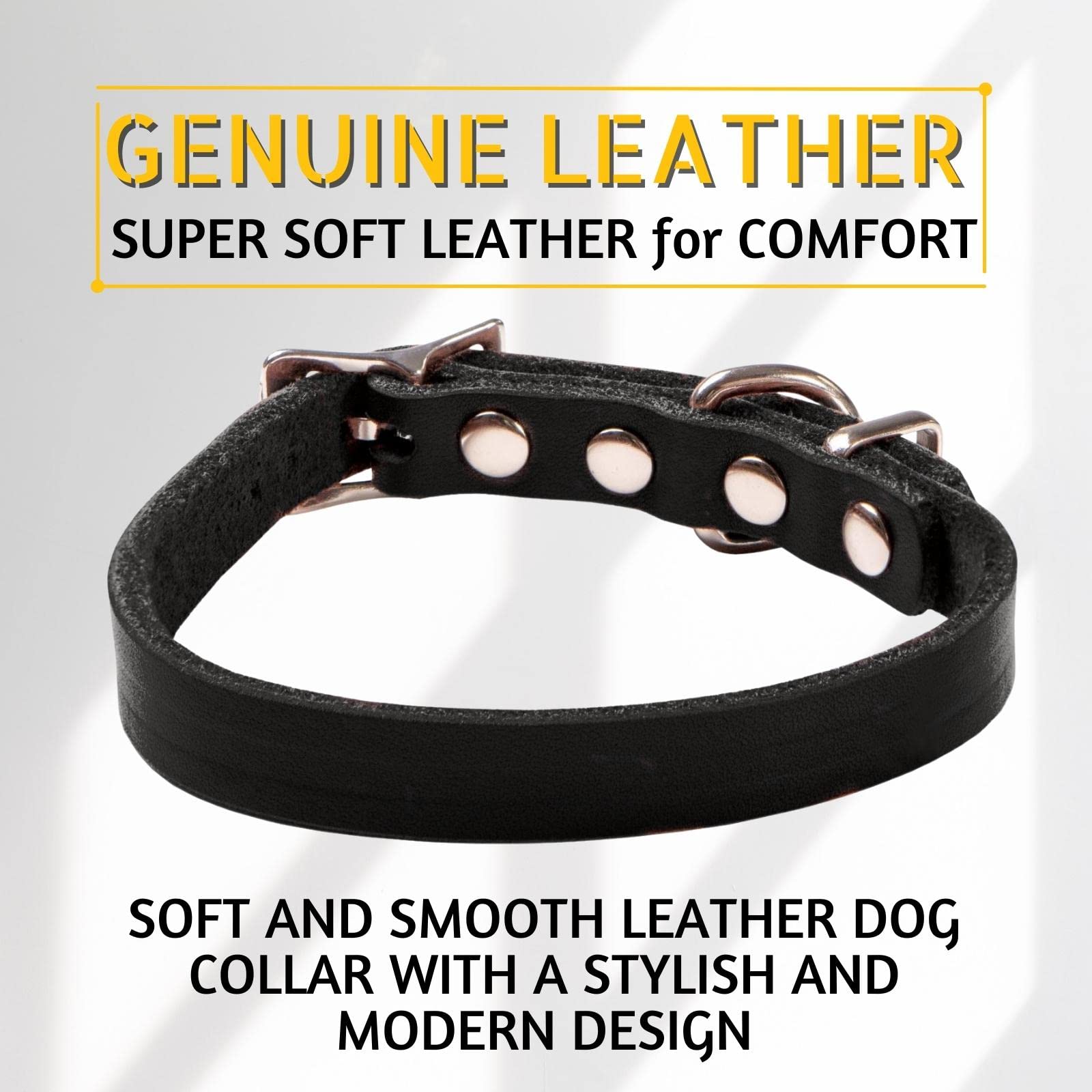 ADITYNA - Black Leather Dog Collar for Small Dogs - Classic, Soft, Strong, Heavy Duty, Handmade Top-Grain Leather - for Walking, Training, and Hiking