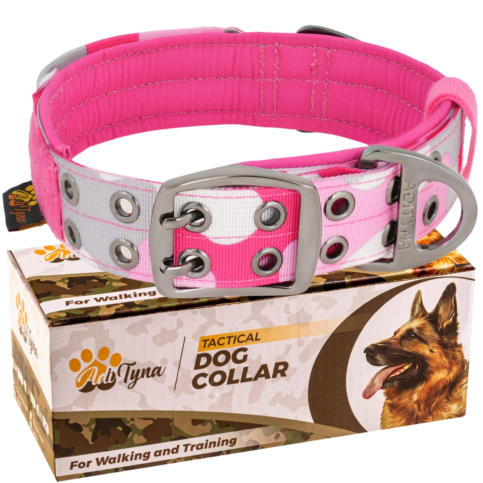 ADITYNA - Heavy Duty Dog Collar for Medium Dogs - Camo Pink Collar with Handle for Training, and Walking - Wide, Thick, Tactical, Soft Neoprene Padded