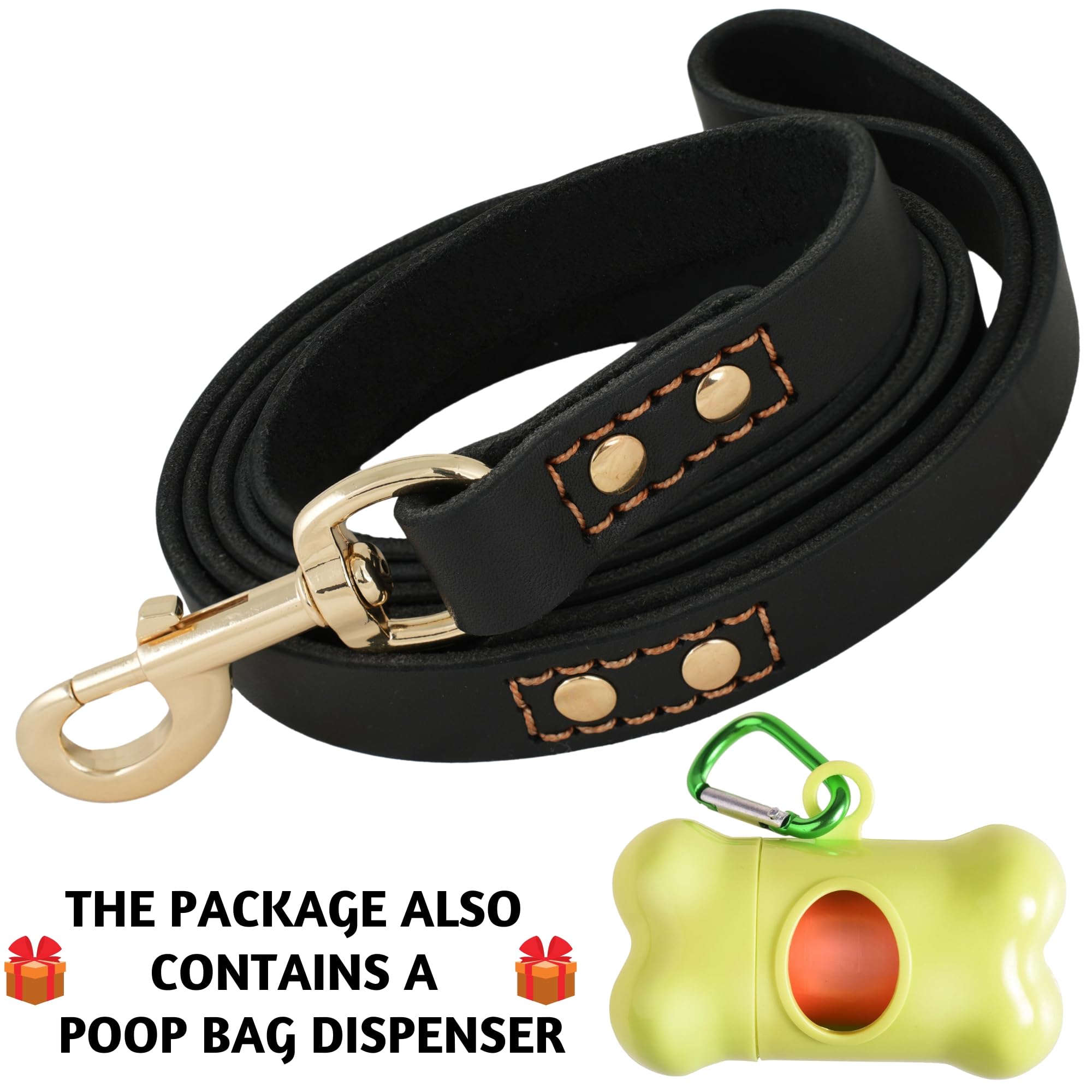 ADITYNA - Leather Dog Leash 6 ft x 3/4 inch - Soft, Strong, Heavy Duty for Large & Medium Breeds - Dog Lead for Training (Black - Gold Colored Clasp, L - 6 ft x 3/4 inch)