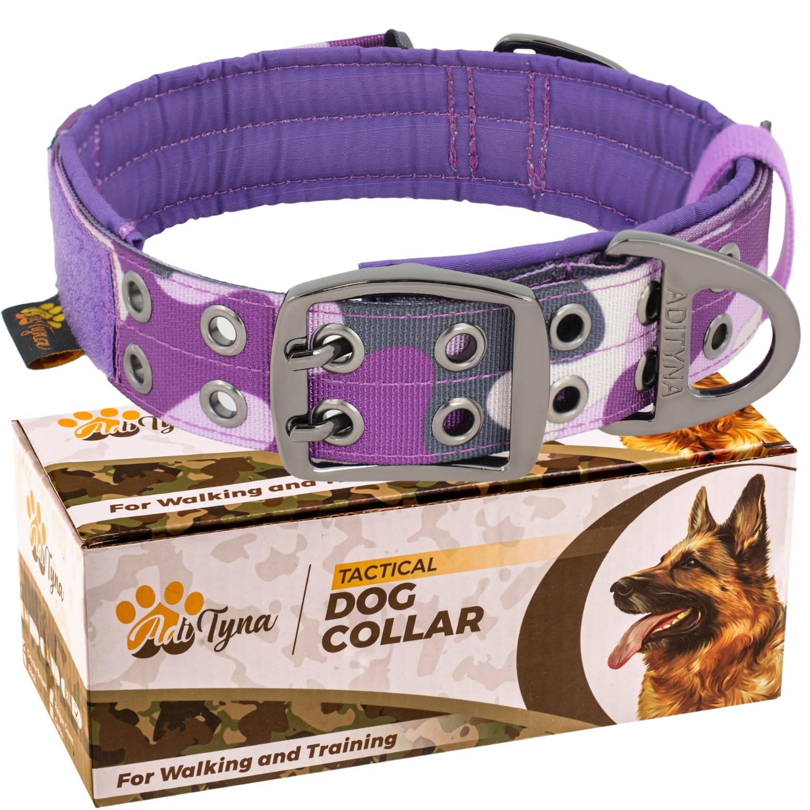 ADITYNA Heavy Duty Dog Collar for Medium Dogs - Camo Purple Collar with Handle for Training, and Walking - Wide, Thick, Tactical, Soft Neoprene Padded