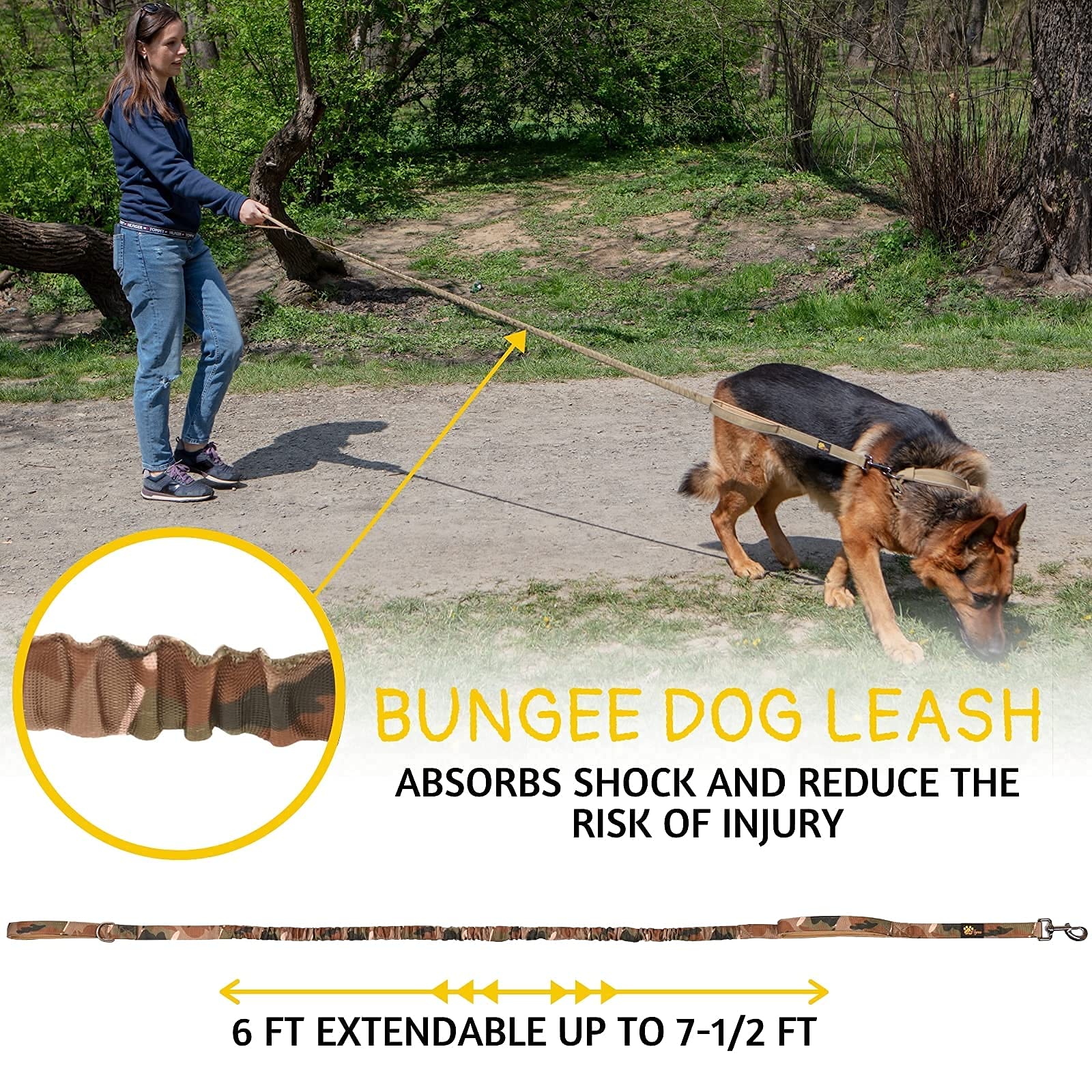 ADITYNA Tactical Bungee Dog Leash 6ft-7.5ft - Shock Absorbing Lead with 2 Padded Handles, Metal Clasp, Car Seatbelt - Heavy Duty No Pull for Medium, Large & XL Breeds