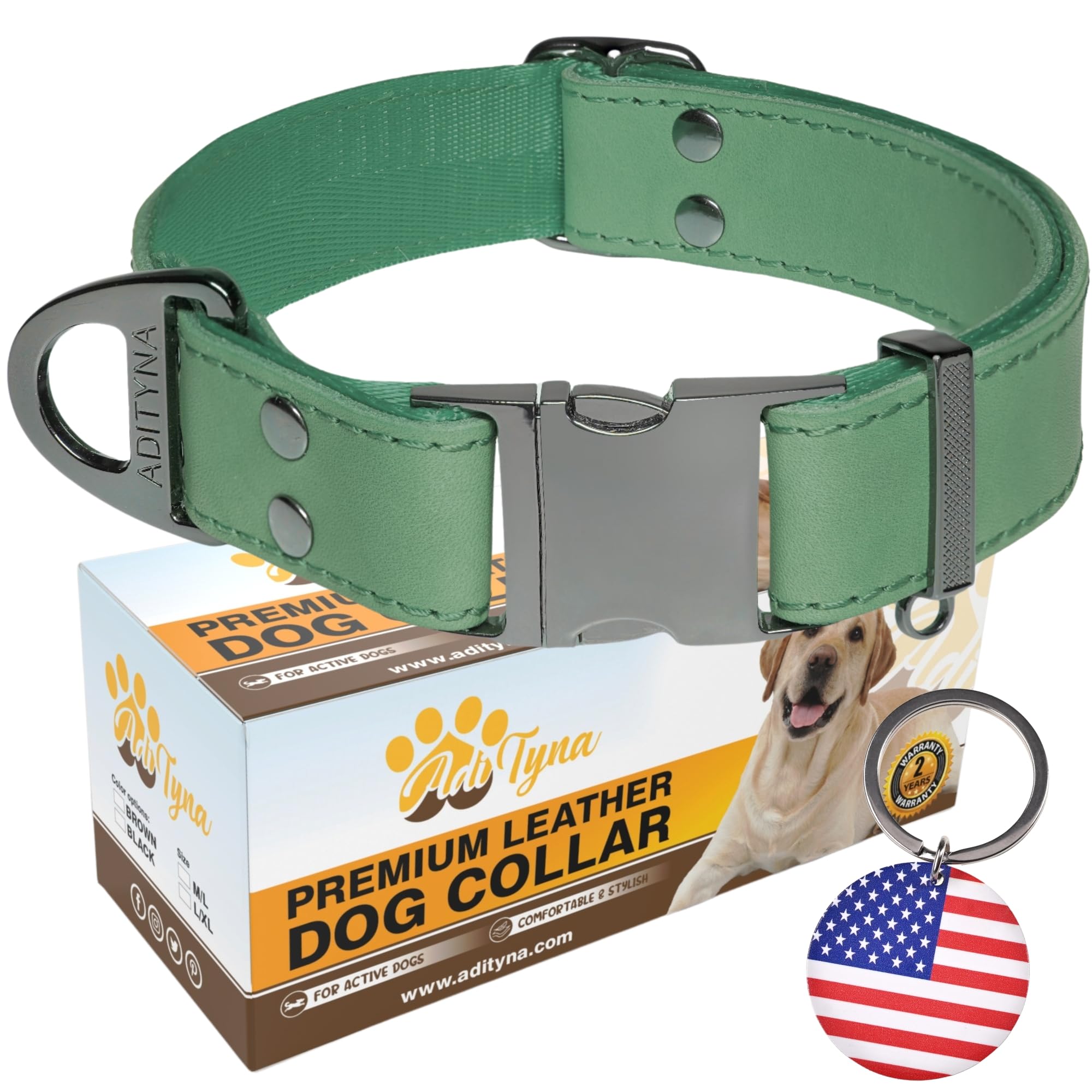 ADITYNA - Leather Dog Collar with Metal Buckle - Heavy-Duty, Adjustable for Medium & Large Dogs - Walking, Training, Hiking (Green, Fits 15-21" Necks)