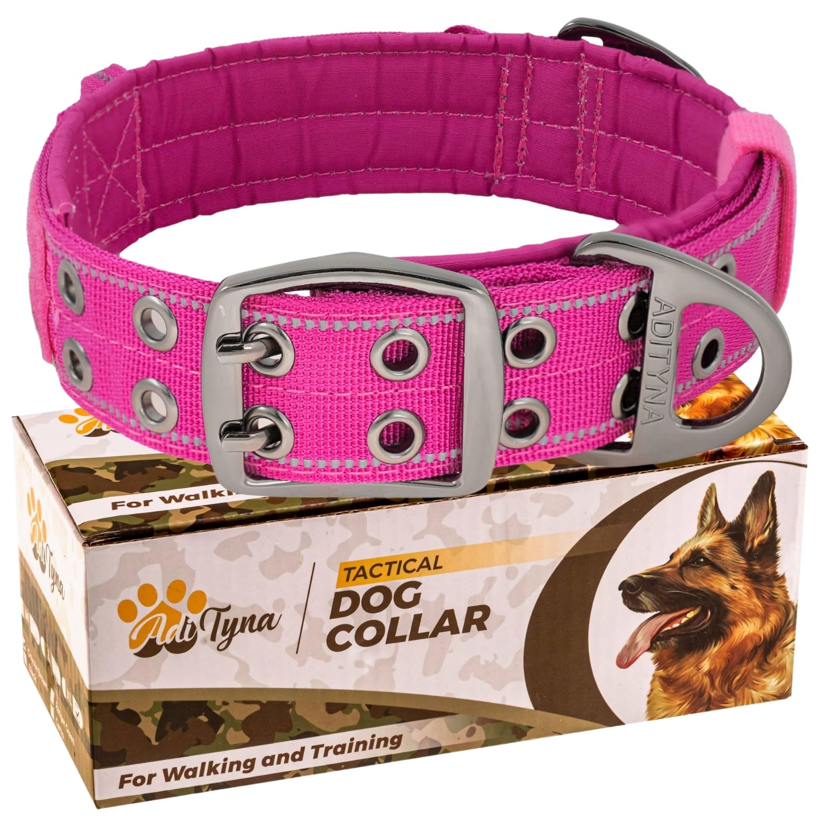 ADITYNA - Heavy Duty Dog Collar for Large Dogs - Reflective Magenta Collar with Handle for Training, and Walking - Wide, Thick, Tactical, Soft Neoprene Padded