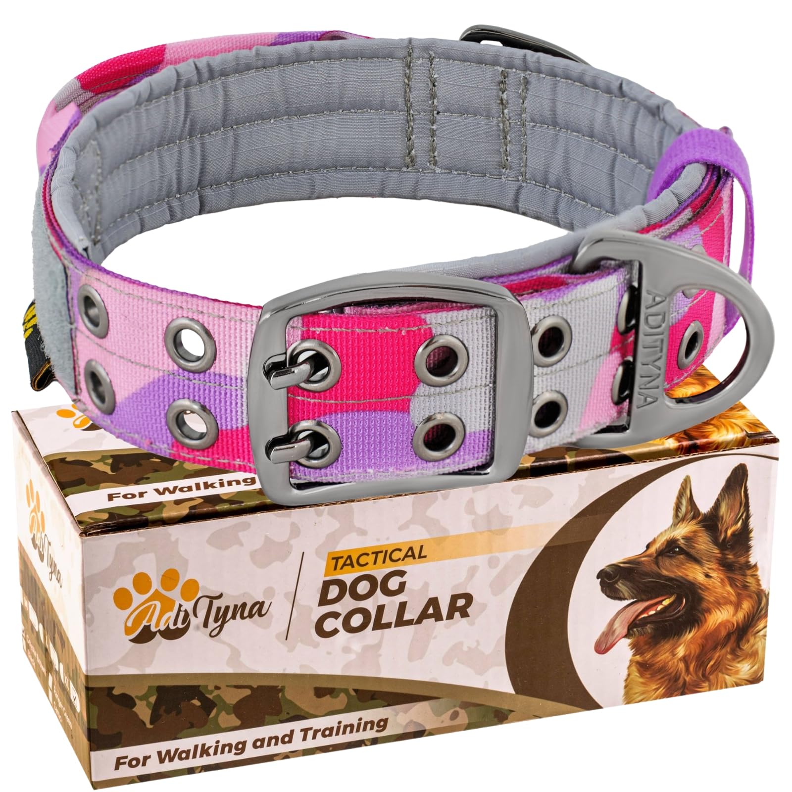 ADITYNA - Heavy Duty Dog Collar for Extra-Large Dogs - Camo Pink Purple Collar with Handle for Training, and Walking - Wide, Tactical, Soft Neoprene Padded