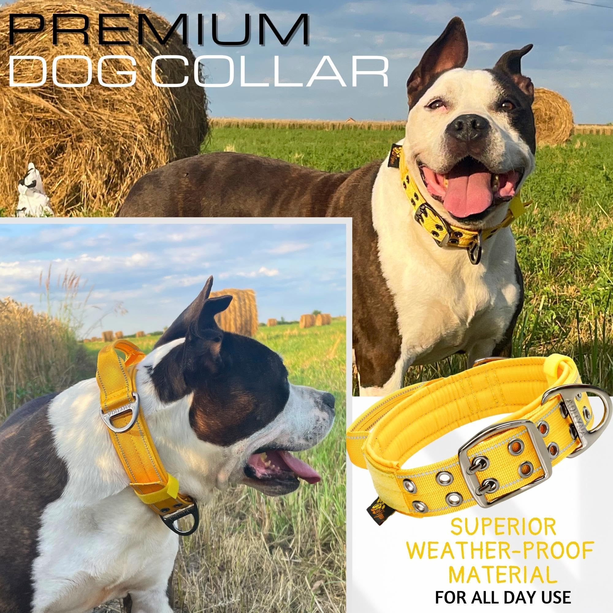 ADITYNA - Heavy Duty Dog Collar for Extra-Large Dogs - Reflective Yellow Collar with Handle for Training, and Walking - Wide, Thick, Tactical, Soft Neoprene Padded