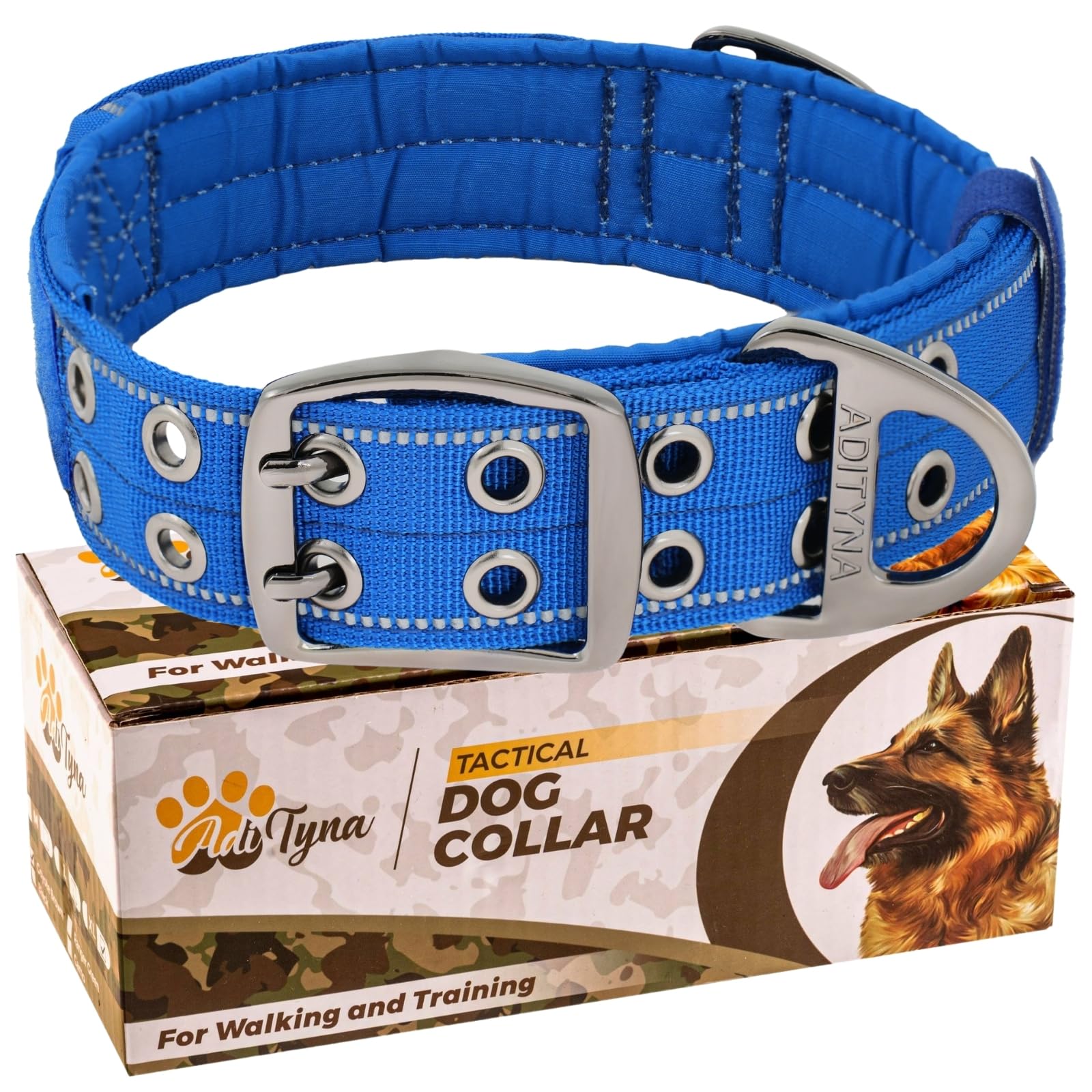 ADITYNA - Heavy Duty Dog Collar for Medium Dogs - Reflective Blue Collar with Handle for Training, and Walking - Wide, Thick, Tactical, Soft Neoprene Padded