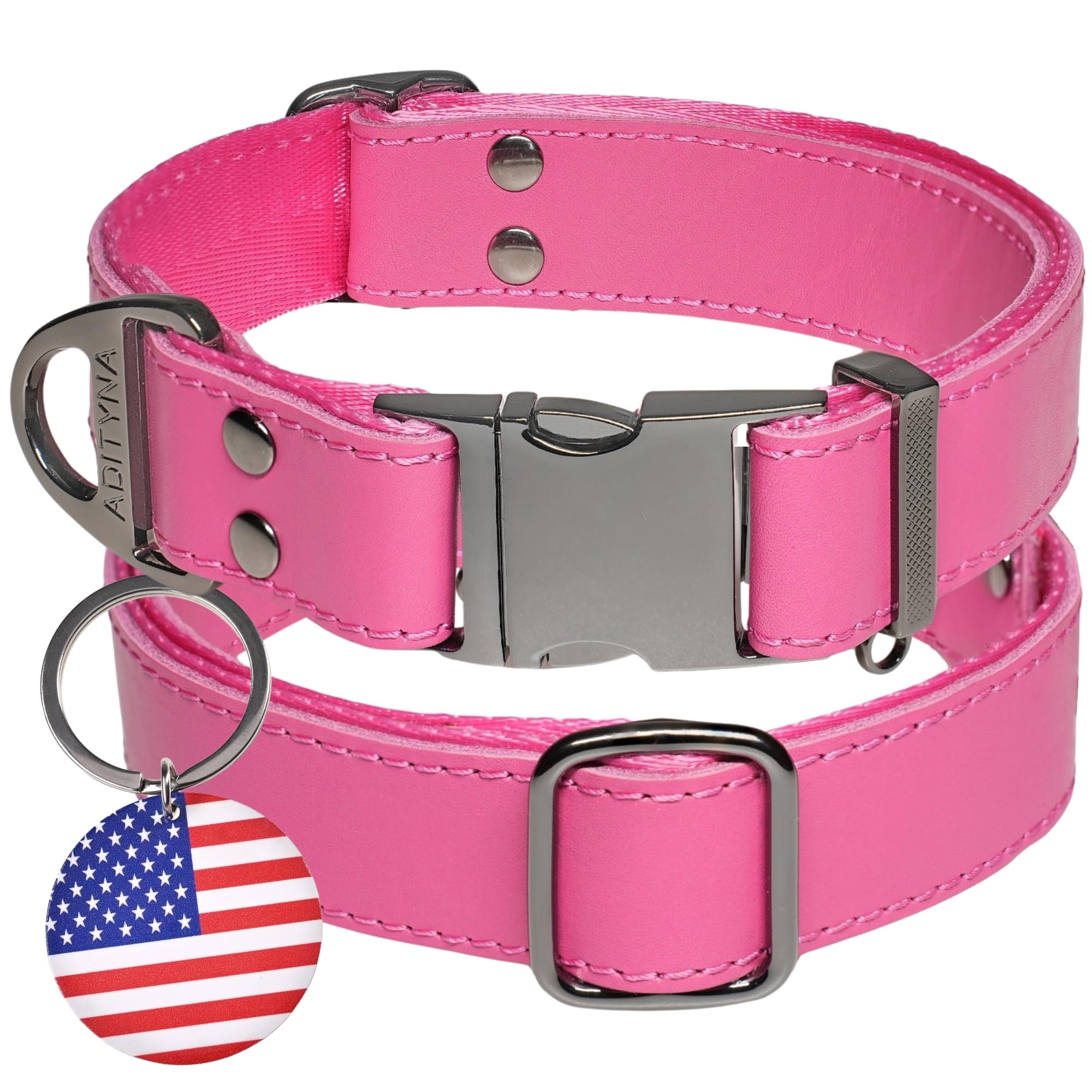 ADITYNA - Pink Leather Dog Collar with Metal Buckle - Heavy-Duty, Adjustable for Large & Extra Large Girl Dogs - Walking & Training (Pink, Fits 19-30" Necks)