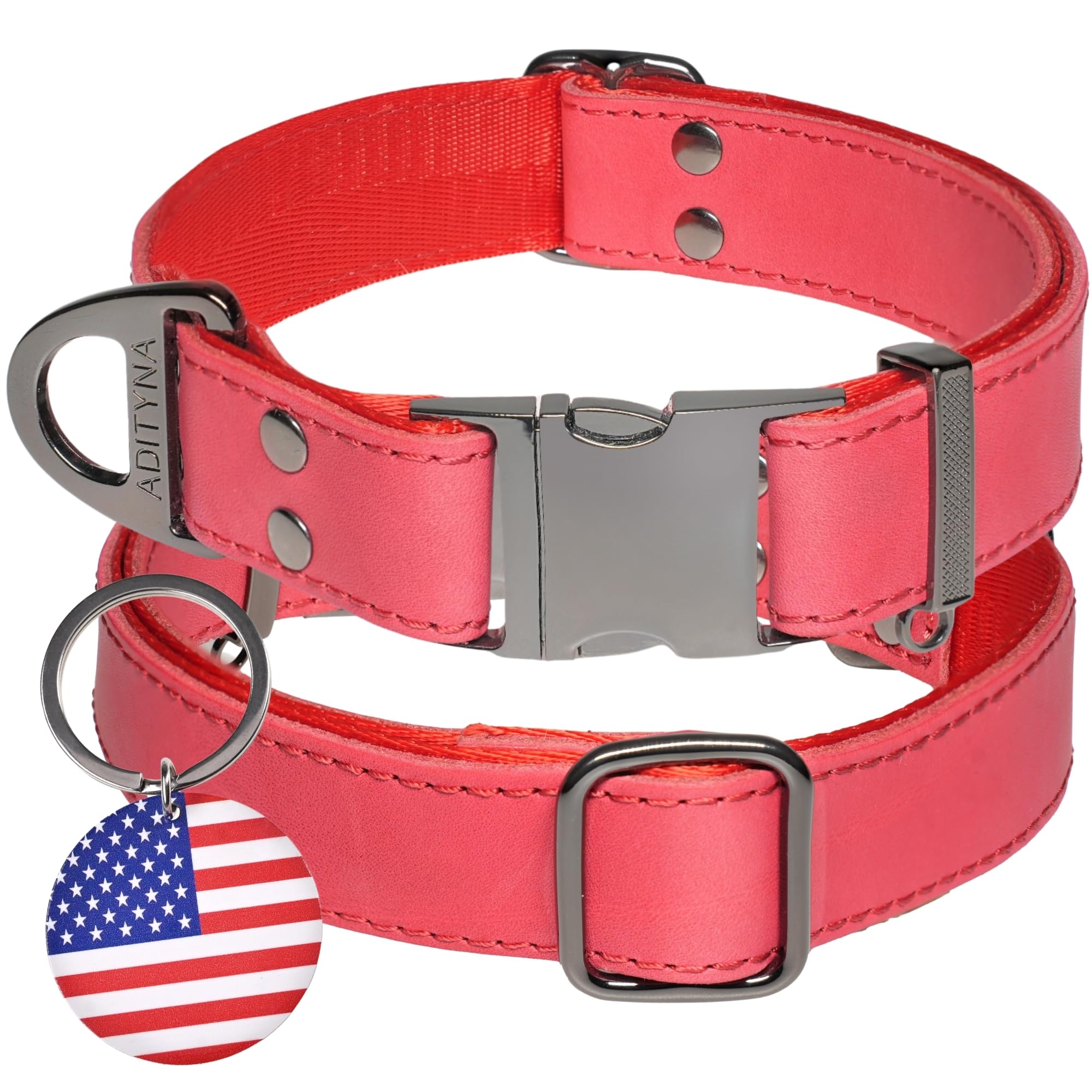 ADITYNA - Leather Dog Collar with Metal Buckle for Large, and Extra Large Dogs - Heavy-Duty, Adjustable, and Leather Tactical Dog Collar (Red, Fits 19-30" Necks)