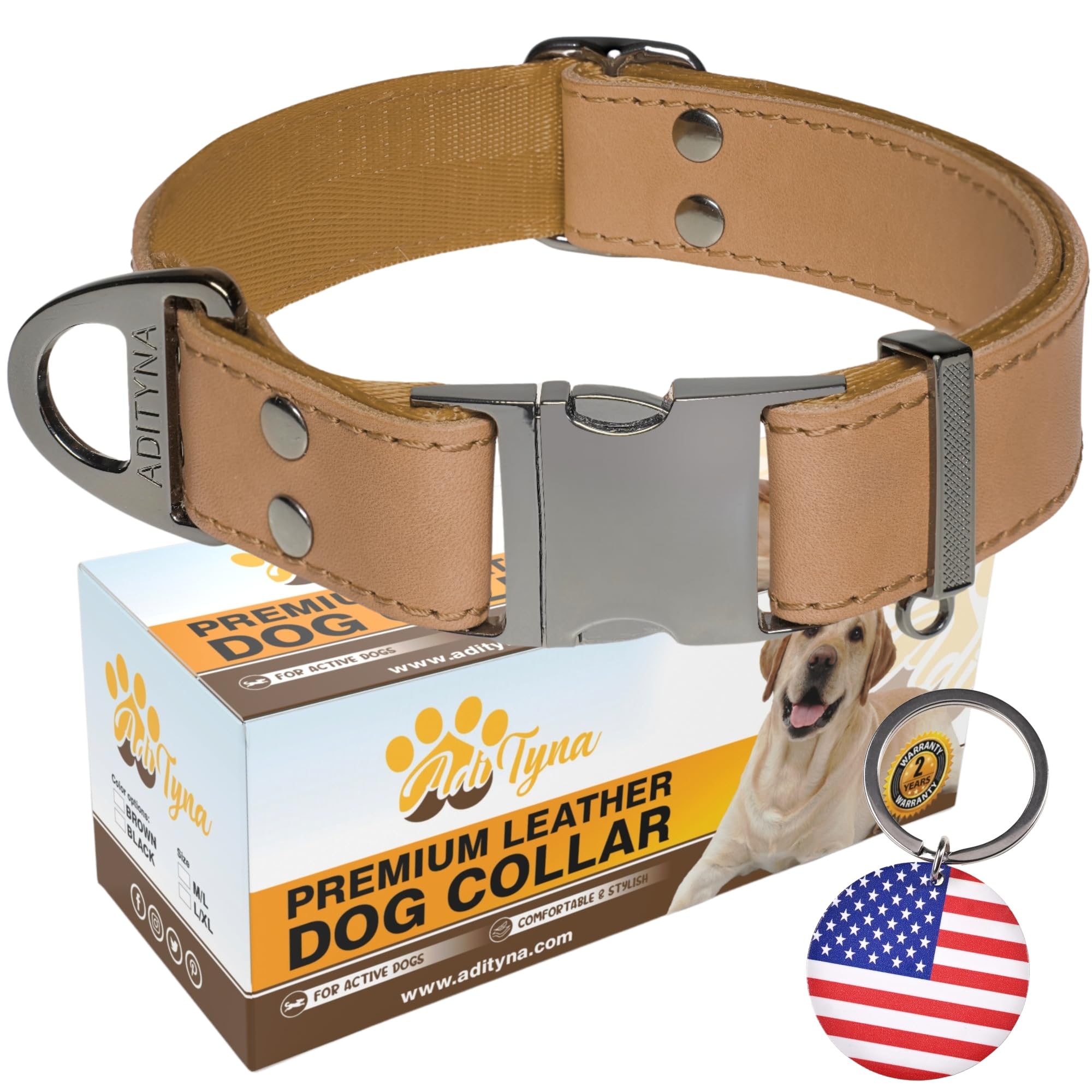ADITYNA Leather Dog Collar with Metal Buckle - Heavy-Duty, Adjustable for Medium & Large Dogs - Walking, Training, Hiking (CamelBrown, Fits 15-21" Necks)