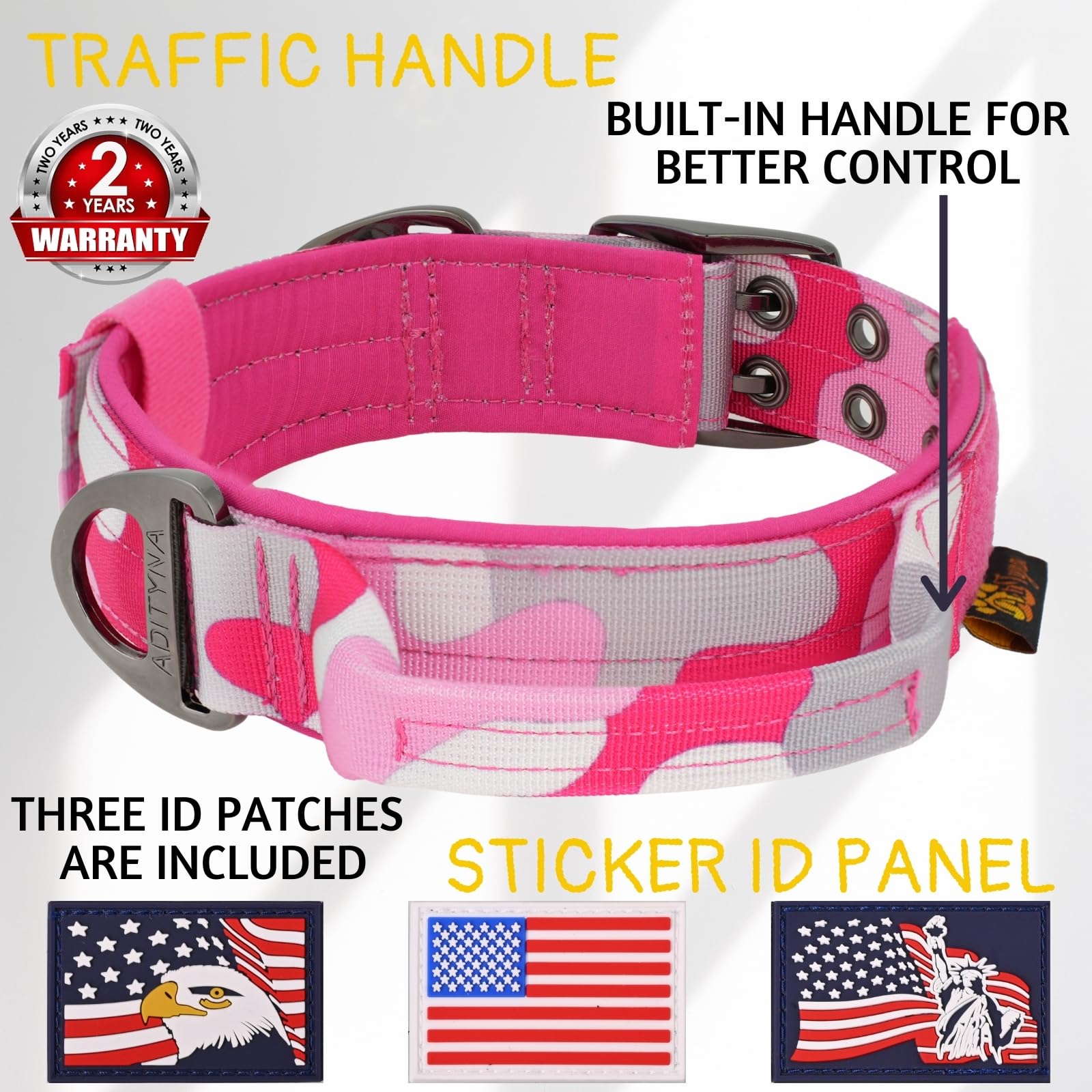 ADITYNA - Heavy Duty Dog Collar for Large Dogs - Camo Pink Collar with Handle for Training, and Walking - Wide, Neoprene Padded for Large Female Dogs