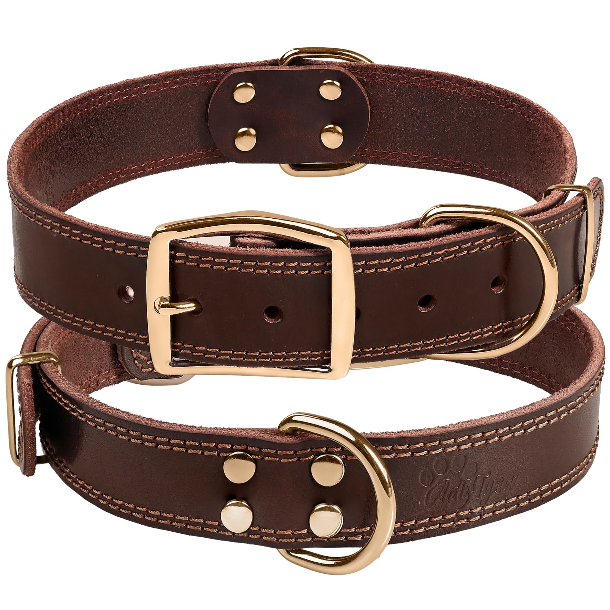 ADITYNA - Heavy Duty Leather Dog Collar - Soft and Strong Leather Collar for Large Breeds (Large: Fit 17" - 23" Neck, Brown - Gold Colored Buckle)