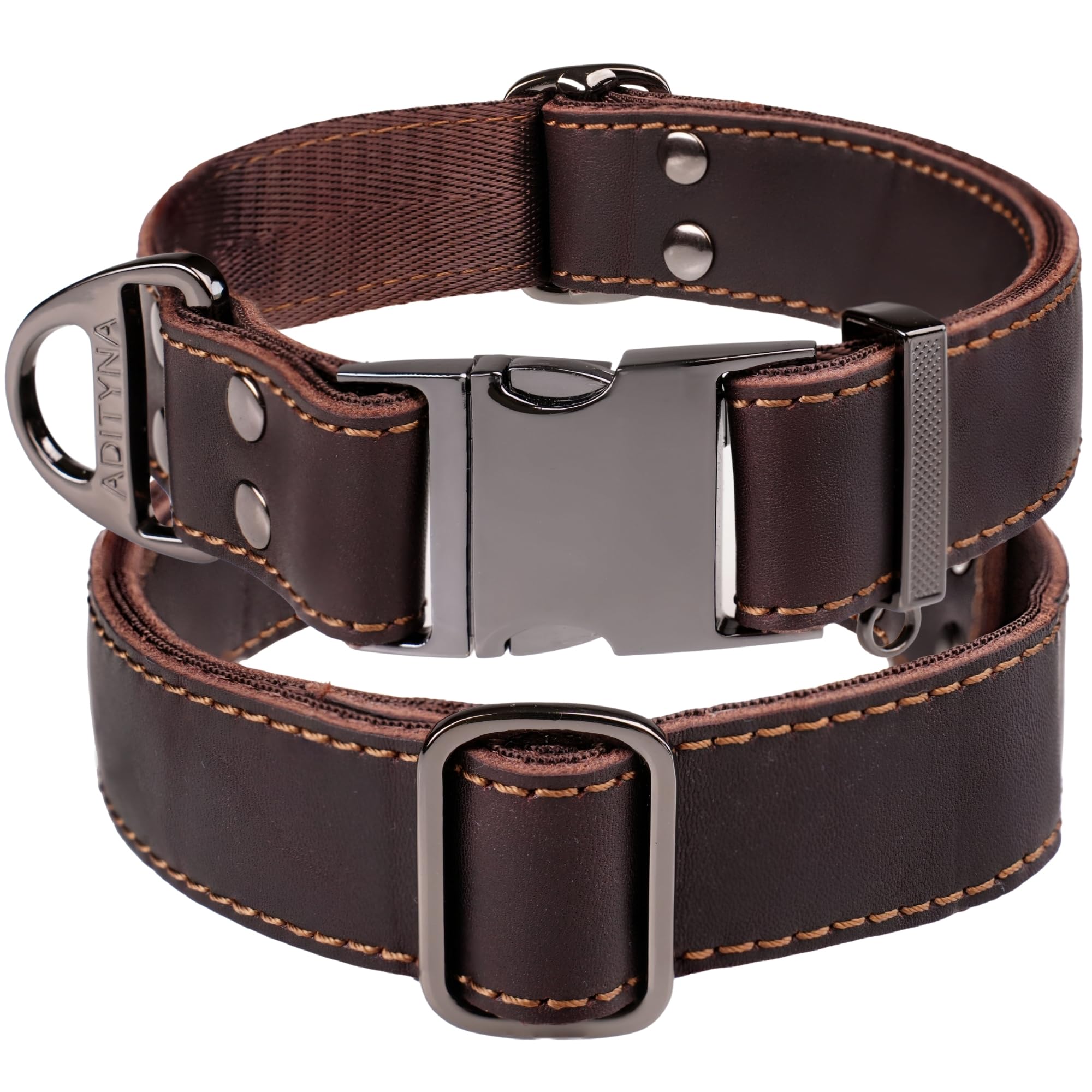 ADITYNA - Leather Dog Collar with Metal Buckle - Heavy-Duty, Adjustable for Large & Extra Large Dogs - Walking & Training (Brown, Fits 19-30" Necks)