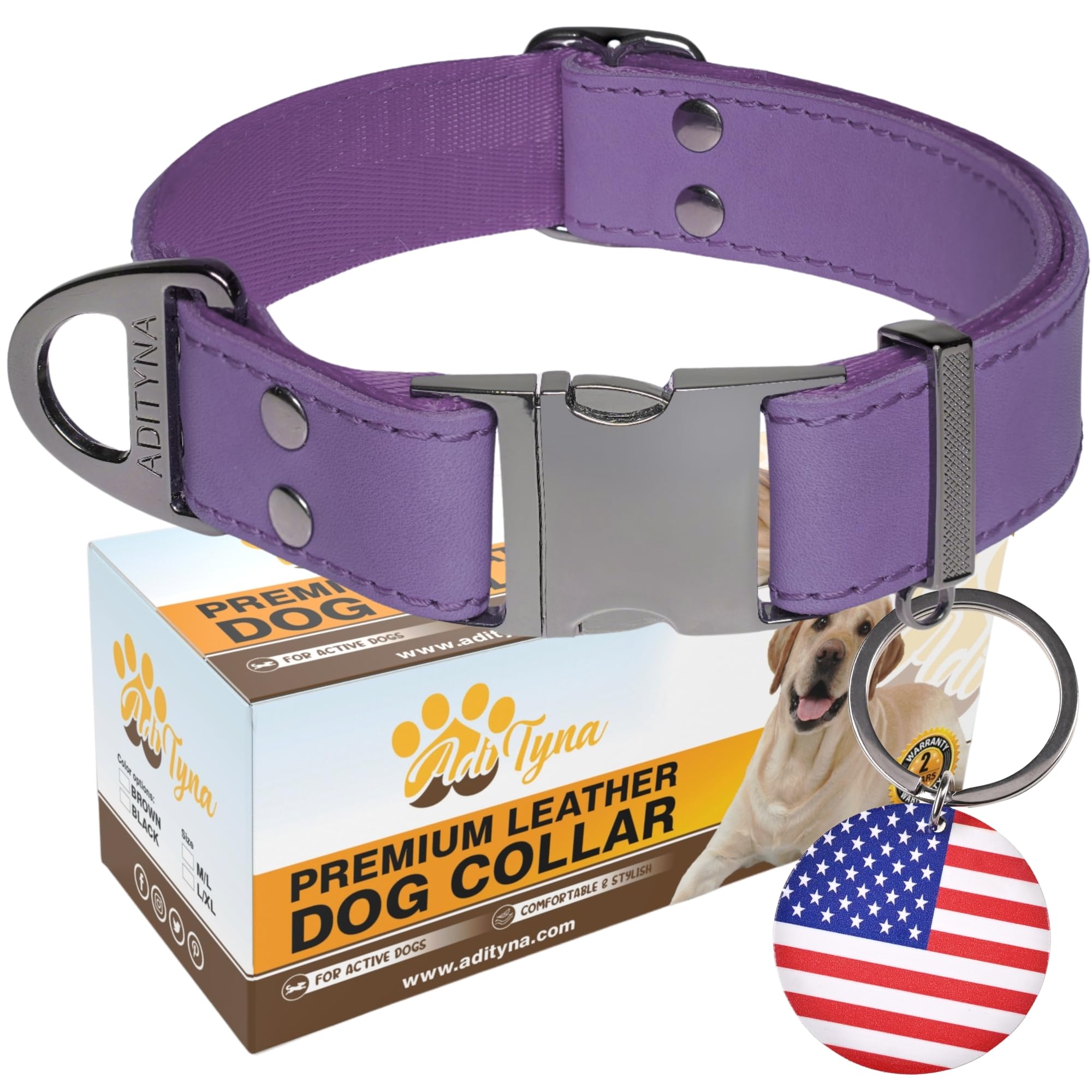 ADITYNA Leather Dog Collar with Metal Buckle - Heavy-Duty, Adjustable for Medium & Large Dogs - Walking, Training, Hiking (Purple, Fits 15-21" Necks)