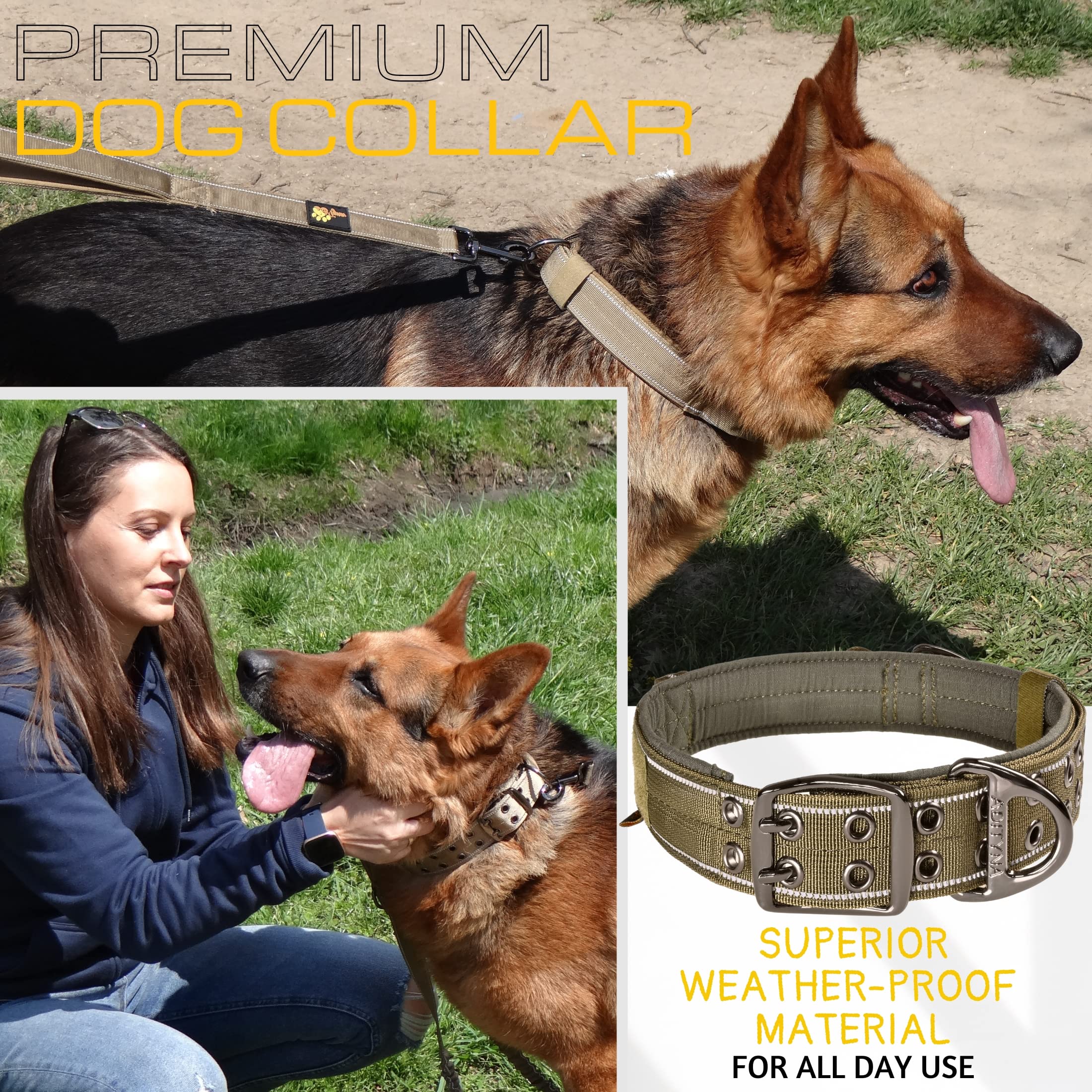 ADITYNA - Heavy Duty Dog Collar for Medium Dogs - Reflective Green Collar with Handle for Training, and Walking - Wide, Thick, Tactical, Soft Neoprene Padded