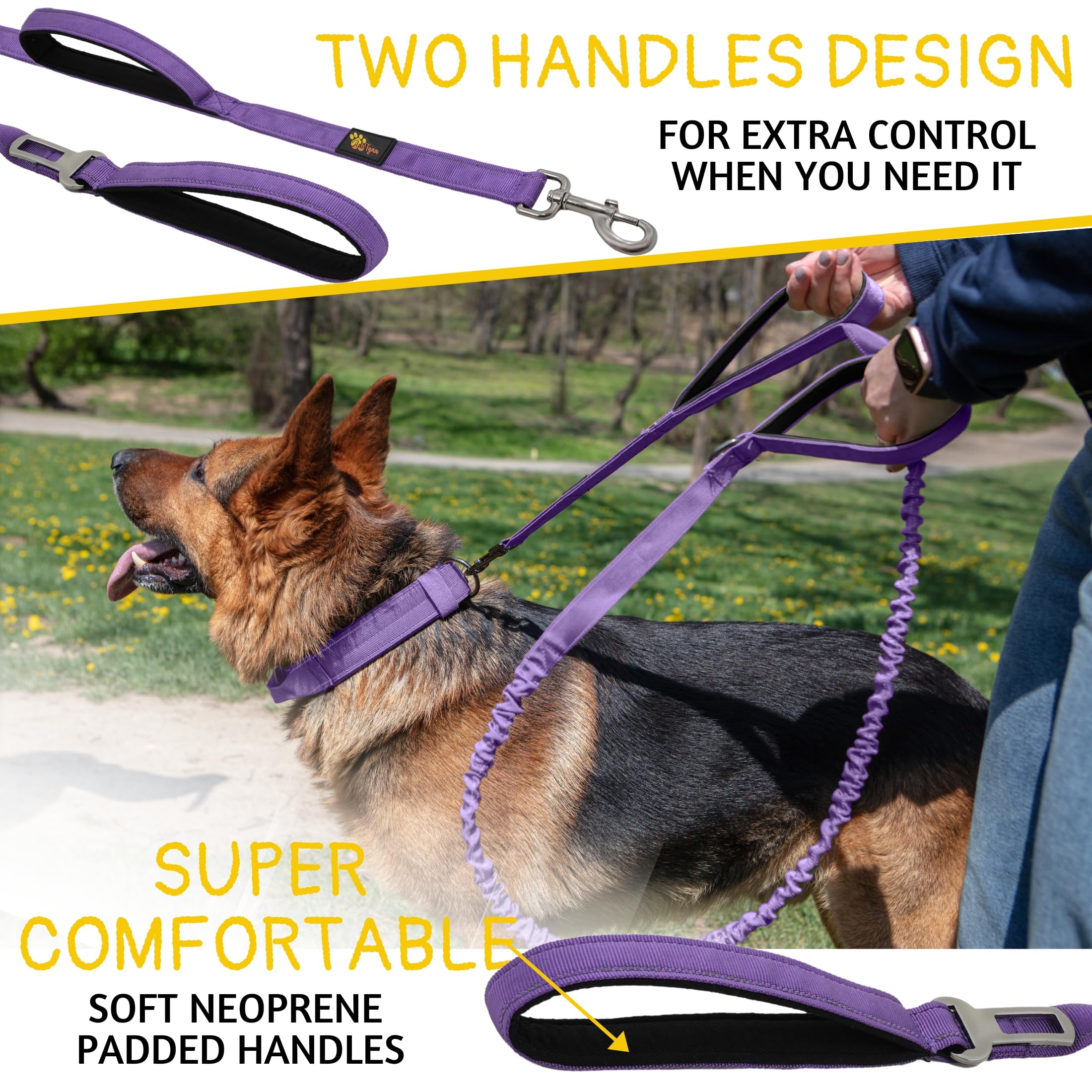 ADITYNA - Tactical Bungee Dog Leash 6ft-7.5ft - Shock Absorbing Lead with 2 Padded Handles, Metal Clasp, Car Seatbelt - Heavy Duty No Pull for Medium, Large & XL Breeds