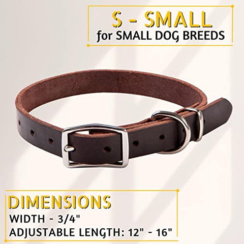 ADITYNA Premium Leather Dog Collar for Small Dogs and Puppies - Classic Style, Soft and Strong, 100% Genuine Leather, (Small, Brown)