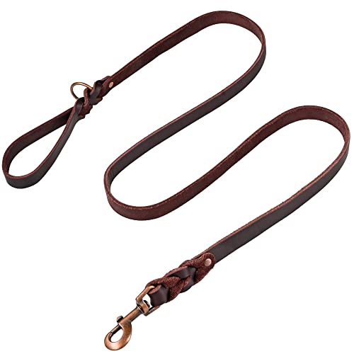 Heavy Duty Training Leather Dog Leash for Large and Extra-Large Dogs - Soft & Strong Brown Dog Leash (Brown, 5.6 ft x 1