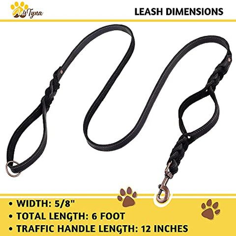 Braided Leather Dog Leash 6 ft x 5/8" - Soft and Strong Leather Dog Leash (Double Handle 6 Foot x 5/8"", Black)