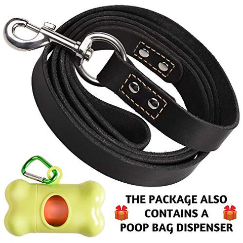 Heavy Duty Leather Dog Leash 6 Foot - Strong and Soft Leather Leash for Extra Large Dogs (XL - 6 ft x 1 inch, Black)