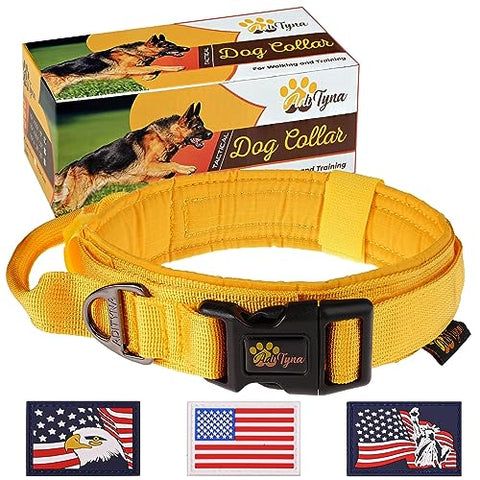 ADITYNA - Tactical Dog Collar for Large Dogs - Soft Padded, Heavy Duty, Adjustable Yellow Dog Collar with Handle for Training and Walking