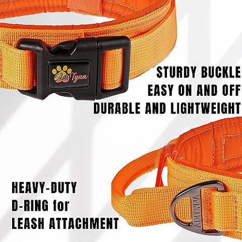 ADITYNA - Tactical Dog Collar for Large Dogs - Soft Padded, Heavy Duty, Adjustable Orange Dog Collar with Handle for Training and Walking