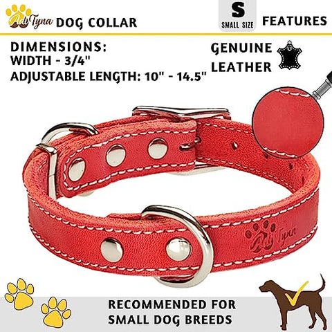 Heavy Duty Red Leather Dog Collar for Small Dogs- Soft and Strong Dog Collar for Puppy or Small Dogs (Small: Fit 10" - 14.5" Neck, Red)