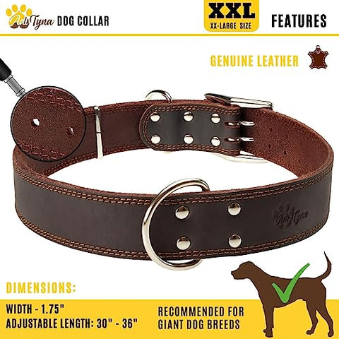 ADITYNA Big Leather Dog Collar - XXL Dog Collar for Giant Breeds Such as Mastiff (Giant: Fit 30" - 36" Neck, Brown)