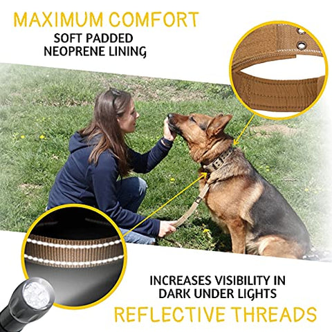 Dog Collar with Handle - Heavy Duty Dog Collar for Large Dogs - Tactical Dog Collar with Patch Area and Two Patches Included (L, Brown)