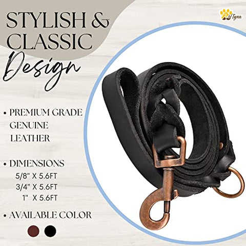 Heavy Duty Training Leather Dog Leash for Large and Extra-Large Dogs - Soft & Strong Black Dog Leash (Black, 5.6 ft x 1")