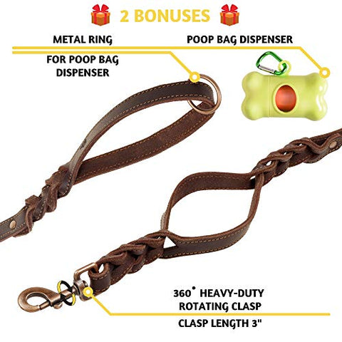 Braided Leather Dog Leash 6 ft x 3/4" - Soft and Strong Dog Leash for Large and Medium Dogs (Double Handle 6 foot x 3/4", Brown)