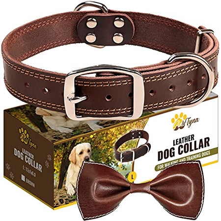 ADITYNA Leather Dog Collar for Large Dogs - Heavy Duty Wide Dog Collars (L: 1,2" Width / 17"- 23" Length, Brown)